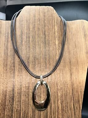Monet Statement Hoop Pendant 16” Long Leather Triple Cord Necklace Signed